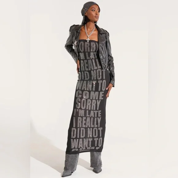 NWT.  AKIRA I'm Late Rhinestone Graphic Midi Dress. - Picture 3 of 9